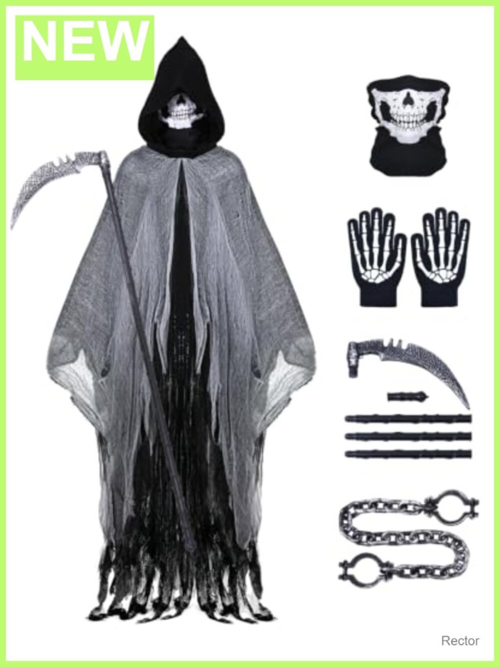 Grim Reaper Hooded Cloak Costume Set with Mask, Gloves, Scythe, Chain